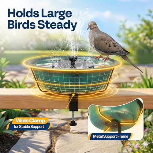 VIVOHOME Deck-Mounted Bird Bath with Solar Fountain, 13-Inch Bowl, Green | Solar-Powered Pump, Weather-Resistant ABS, Adjustable Metal Clamp, for Railing/Fence/Balcony, Bird-Friendly, Easy to Clean - color: Green, size: Birdbath with Fountain