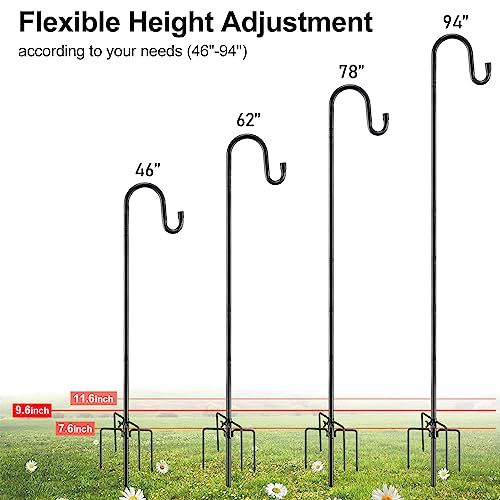 Bird Feeder Pole, 94 Inch & 5/8 Inch Diameter Stainless Steel Heavy Duty Shepherds Hooks for Outdoor to Hang Outdoor Lights with 5 Prongs Base, Rustproof for Garden Decor or Wedding Decors(Black) - color: Black, size: 94inch
