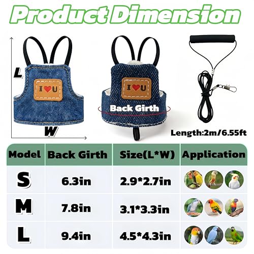 Bird Flight Harness Vest, Parrot Flight Suit with Leash Adjustable Bird Flying Clothes Outdoor Training Traction Rope for Parakeets Cockatiels Conures Budgies Cockatiel-Blue,L - color: Blue