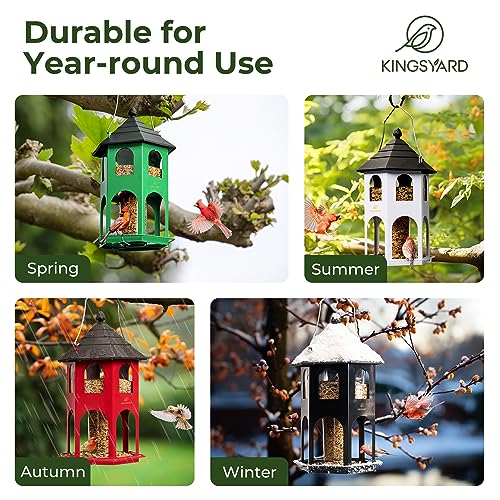 Kingsyard Metal Bird Feeder for Outdoor Hanging, Wild Bird Feeders with Circular Perch, Easy to Clean & Refill, 4 lbs Large Seed Capacity, White - color: White