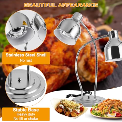 Dual Head Food Heat Lamp 500W w/3 Bulbs for Buffet Food Warmer | Heavy-Duty, Commercial Large Food Warming Lamp w/ 3 Bulbs,Carving Station/Restaurant/ Parties, Flexible Arms, Adjustable Head