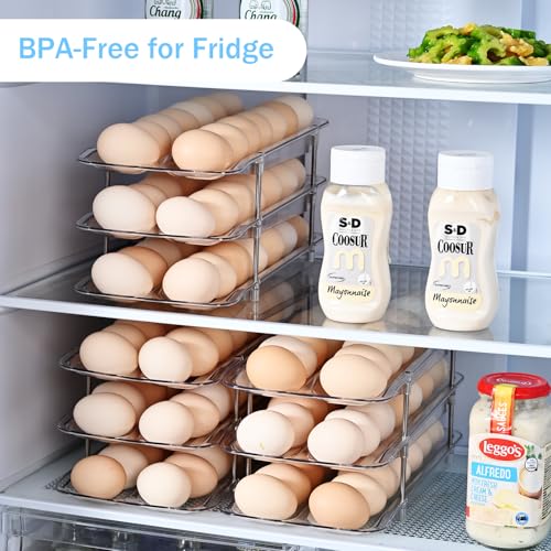 Egg Holder,4 Tier Clear Organizer with Auto-Roll Design, Adjustable Height Egg Storage Container Holds Up to 56 Eggs for Refrigerator,Kitchen Cabinet