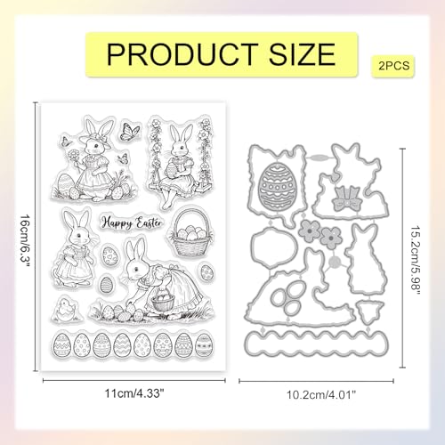 GLOBLELAND Easter Rabbit Clear Stamps and Metal Die Cuts Easter Egg Transparent Stamp Spring Flower Swing Cutting Dies for Card Making Embossing Scrapbooking - style: Easter Rabbits