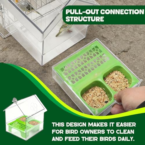 Pull-Out External Parrot Feeder, No Mess Bird Feeder, Decorative Transparent Bird Bath Tub with Two Food Slots, Easy to Fill Hold and Clean, Suitable for Parrot & Finch