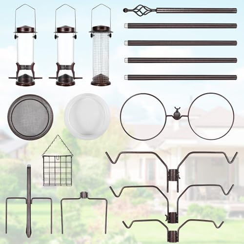 YINGYM Bird Feeding Station Kit, 94 Inch Bird Feeder Pole for Outdoors | 6-Hook Bird Feeder Stand with 4 Feeders, Metal Suet, Bath Tray and 5-Prong Base, Easy Assembly for Wild Birds Watching - size: 94 Inch without Squirrel Baffle
