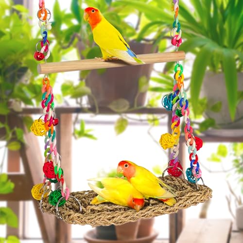 Natural Bird Swing Toys with Wood Perch, Double Layer Bird Seagrass Woven | Climbing Hammock with Chewable Perch Stand Chewing Toy for Parakeets, Budgies, Conures, Cockatiels, Lovebirds