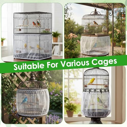 Bird Cage Seed Catcher, Mesh Net Cover Guard Soft Airy Cage Net Stretchy Skirt for Parrot Enclosures Round Square Cages(White