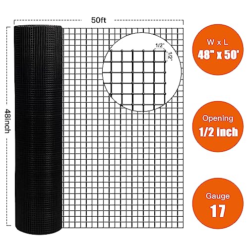 Zevemomo 48" x 50' 1/2inch Hardware Cloth, Black Vinyl Coated Chicken Wire Fence Galvanized Welded Mesh Roll for Home Garden Rabbit Cage - size: 48" x 50' 1/2inch