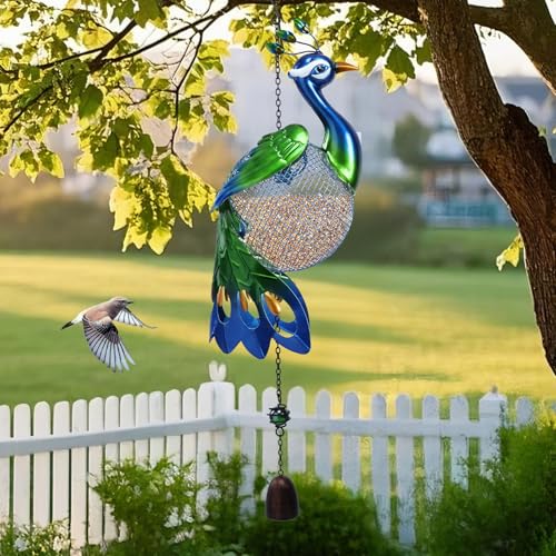 Yinns Bird Feeder, Metal Hanging Peacock Shaped Birdfeeder for Garden Decor | Metal Hanging Bird Feeders, Squirrel Proof Wild Bird Feeder for Outside Garden Patio Yard Decor