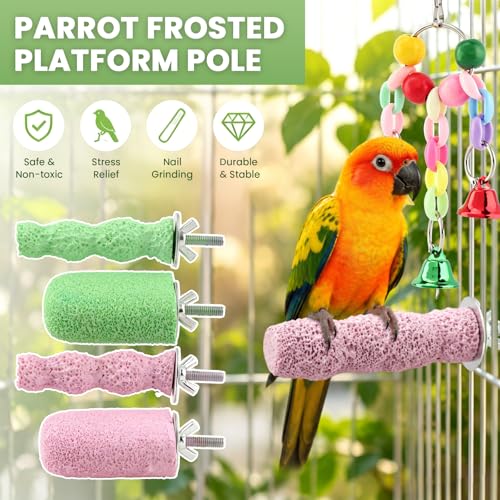 4 Pcs Bird Beak Grinding Stones, Small & Medium Bird Parrot Cage Perch | Bird Cage Stand Plat Form Foot Claws Trimmer with Swing Bell