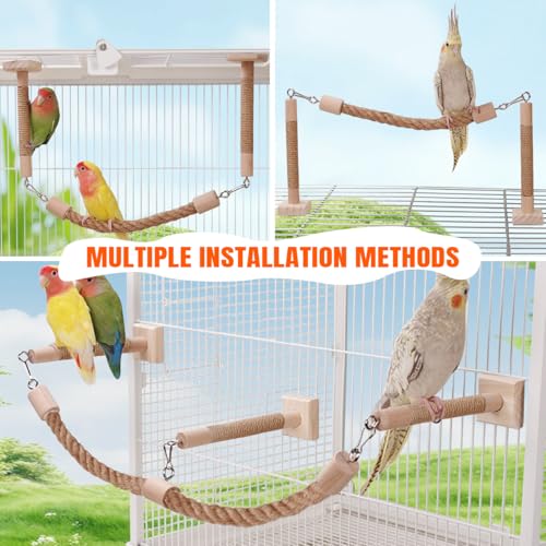La La Pet Bird Rope Perches for Cage Natural Wood Standing Perch Hanging Bridge and Swing Interactive Birds Toys for Conures Budgies Parakeets Cockatiels Lovebirds 2-Set