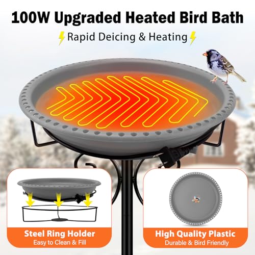 Daoeny Heated Bird Bath for Winter, 100W Heated Bird Baths for Outdoors Thermostat Control with 5-Prong Metal Base, Heated Bird Bath for Outside Winter Garden Patio Yard Lawn (Grey) - color: Gray