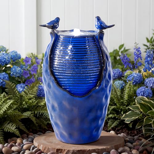 Autodaya 25" Ceramic Jar Outdoor Water Fountain with Hammered Texture | Bird-Friendly Decorative Garden Water Feature with ambiant lighting, Soothing Trickling Waterfall for Patio Backyard Oasis - color: 23.5"h-honeycomb Pot Cobalt Blue Glaze