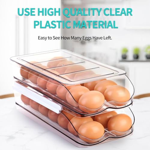 RoskDeewat Egg Holder for Fridge, Automatic Rolling Egg Container -2 Tier | Stackable Fridge Organizers and Storage with Lid, Sturdy Clear Plastic Egg Dispenser & Tray for Refrigerator - size: 2 Tiers Holder 28 Eggs