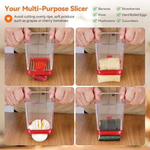 Strawberry Slicer Cup, Fruit Cutter – Quick-Slice for Meal Prep, Red | Dual-Function Base, Easy-Clean & Storable – 304 Stainless Steel Blade – Quick & Safe Slicing Kitchen Gadget - color: Red