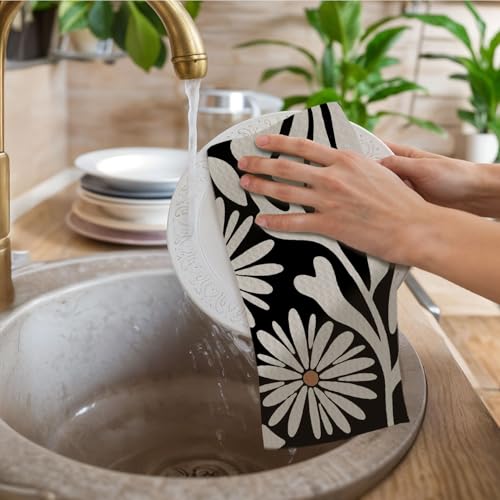 Abstract Boho Beige and Black Floral Kitchen Towels, Groovy 70s Retro Botanical Dish Towels Drying Cloth for Kitchen, Mid Century Modern Flower Hand Towels for Bathroom, 16x24 Inch Set of 2 - color: Black Beige