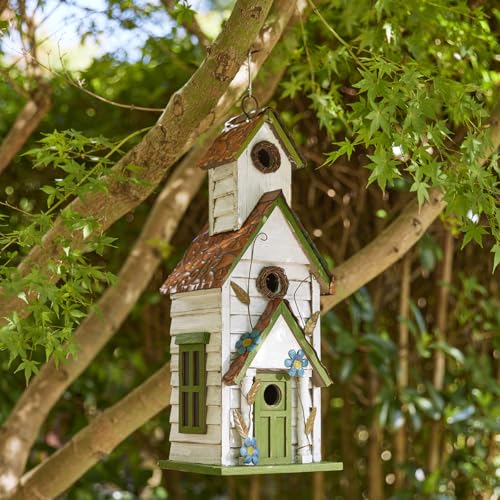 Glitzhome Hanging Birdhouse for Outdoors, 20" H Distressed Cottage Painted Wooden Bird House 3-Story Villa Rustic Large Bird House for Bluebird Wren Chickadee Sparrow Bird - color: White and Green