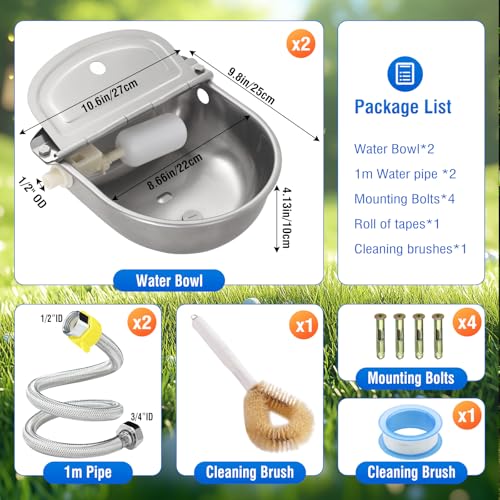 2-Pack Automatic Livestock Waterer, 304 Stainless Steel Auto Fill with Float Valve, Drainage Hole & Baffle, with 39" Hose (3/4"), Wall/Floor Mount, for Dogs, Chickens, Horses, Goats, Pigs