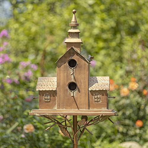 Zaer Ltd. Large Copper Colored Multi-Birdhouse Stakes, Room for 5 Bird Families in Each (XL Country Town Home Montana) - style: XL Country Town Home Montana