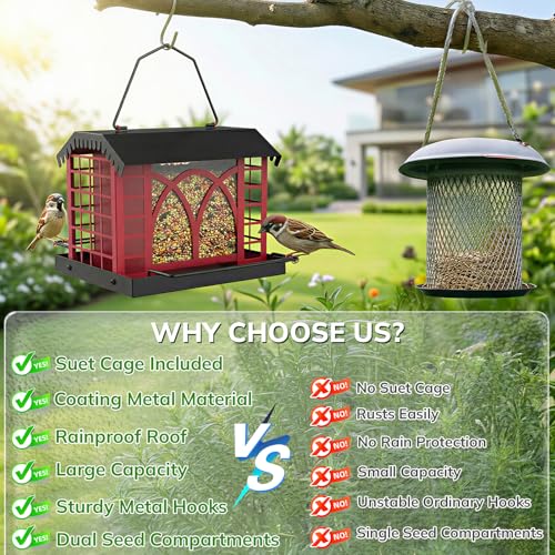 Bird Feeders for Outdoors Hanging, Metal Bird Feeder with Double Suet Cage Weatherproof Metal Roof, 3.5Lbs Large Capacity Great for Attracting Finch Cardinal Chickadee Wild Birds, Berry Red - color: Berry Red