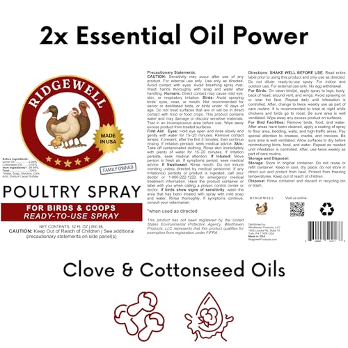 Poultry Chicken & Coop Spray 32 oz | Kills Mites, Fleas, Lice & Ticks | Clove & Cottonseed Essential Oils | Use on Chicks* & Laying Hens | No Egg Withdrawal | Made in USA