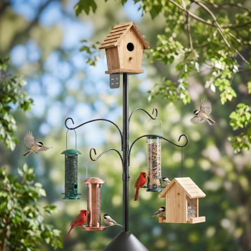 Bird Feeder Pole 100 Inch with Squirrel Baffle and 4 Feeder Hooks Heavy Duty Adjustable Bird House Pole with Top and Side Mount for Smart Feeders, Bluebird Houses, Yard and Garden - size: 100 INCH