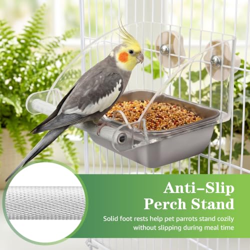No Mess Bird Cage Feeder, Stainless Steel Parakeet Bowl with Perch | Easy to Install & Clean, No Spill Design, Hanging Bird Feeder for Budgie, Cockatiel, Conure, Lovebird, Canary, Finch