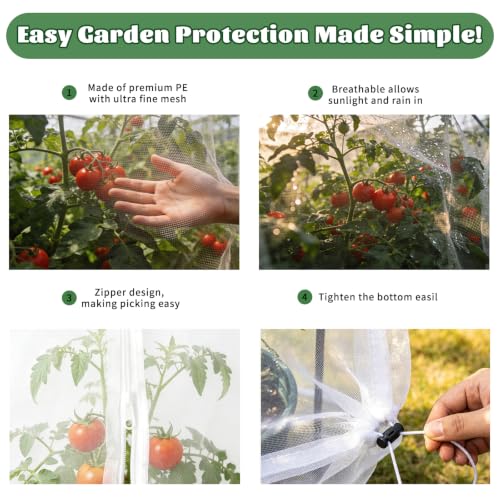 3PCS Garden Bird Netting for Tomato Cage with Zipper & Drawstring | 59"x 18" Round Tomato Trellis Garden Netting Insect Bird Barrier Protection Mesh Cage Cover for Tomato Planter Gardening Pots