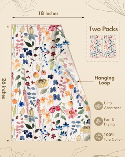 150GSM Flour Sack Kitchen Towels Set of 2, Watercolor Flower | 18"x26", Lightweight, Lint-Free, Pure Cotton, Decorative, with Hanging Loop, Absorbent, Softer after Wash, Giftable Package - color: Wild Flower