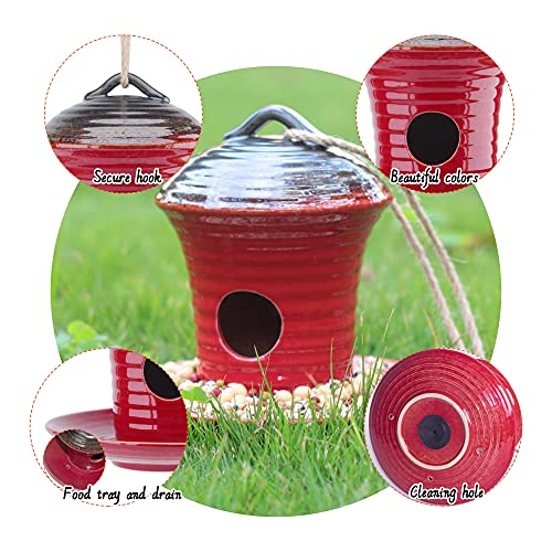 Kimdio Birdhouse Ceramic Hanging Birdhouses Bird Hut Hanging Multi-Function Outdoor Bird Feeders for Wild Birds, Finch, Cardinal, and Bluebird - Red - color: c - Red bird feeder