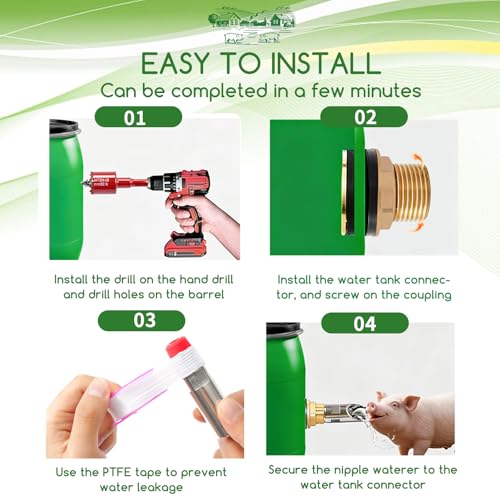 Pig Water Nipple, 5PCS Pig Nipple Waterer for Barrel Kit, Stainless Steel | Automatic Pig Nipple Water Drinker Feeder With Filter, Water System with Brass Tank Connector Kit for Piglets Goat Drink