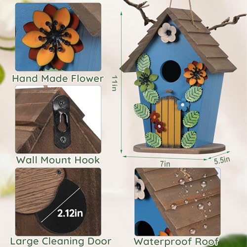Wooden Bird Houses for Outside,Farmhouse Hanging Blue Birdhouse | Decorative Birdhouses for Outdoors,Bird Box Nest,Humming Bird House for Garden Patio Decor