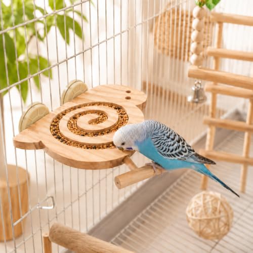 Bird Foraging Toy with Perch, Wooden Spiral Treat Feeder for Small & Medium Birds, Parakeet, Budgie, Cockatiel, Lovebird and Conure Cage Enrichment Toy