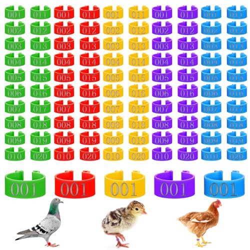 100 PCS Chicken Tags for Legs, Plastic Chicken Leg Bands Tags with 1-20 Code, Colorful Reusable Poultry Leg Band Rings for Chickens, Duck Management