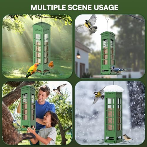 Squirrel Proof Bird Feeder with Weight Activated Perches,Metal Balcony Bird Feeders for Outdoor Hanging,Mesh Wild Birds Seed Feeder for Outside,Cardinal, Finch Blue Jay Woodpecker,3LB Capacity - color: Green