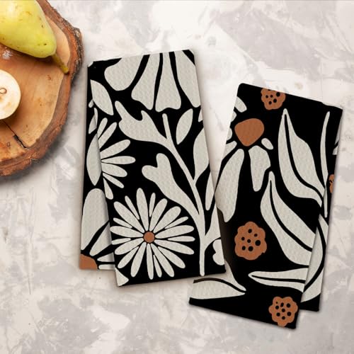 Abstract Boho Beige and Black Floral Kitchen Towels, Groovy 70s Retro Botanical Dish Towels Drying Cloth for Kitchen, Mid Century Modern Flower Hand Towels for Bathroom, 16x24 Inch Set of 2 - color: Black Beige