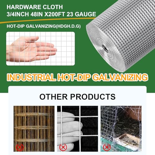 48in x 200ft Hardware Cloth Hot-Dip Galvanized Welded Wire Mesh - Heavy Duty 3/4inch 23 Gauge Chicken Wire Fencing for Garden, Chicken Coop, Rabbit Cage, Rodent & Predator Protection - size: 48in x 200ft