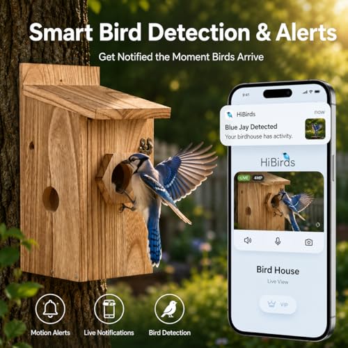 Smart Bird House with Camera, Wooden Birdhouse for Outdoor Bird Watching, App Live View, Color Night Vision, Motion Detection, 2-Way Audio, Waterproof Bird Nesting Box - color: Natural Walnut, size: Wired Edition