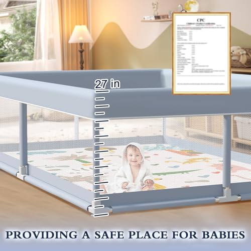XVISHX 65 x 50 Inch Baby Playpen with Mat, Playpen for Babies and Toddlers, Baby Play Pen Playard for Indoor & Outdoor Active Center Game Fence, Skin-Friendly Fabric and Soft Breathable Mesh, Grey - size: 65 × 50 Inch With MAT