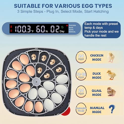Sailnovo 24 Egg Incubators for Hatching Eggs, 360° View with 4 Modes, Blue | Automatic Temperature Control, Egg Turning, Humidity Display, Egg Candler, 360° View, 4 Smart Modes for Chicken Duck Quail