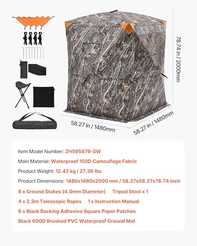 VEVOR Hunting Blind，See Through Ground Blinds with Carrying Bag, 360 Degree Portable Camouflage Tent，Durable Concealed Shelter with Silent Side Door and Window, for Turkey and Deer - size: 2-3 Person（Thermal）