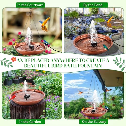 Bird Bath Fountain for Outside, Metal BirdBath Bowl with 8W Pump (Hanging | 24.8 Extra Large Hanging, Copper Metal Bird Bath Bowl with Adjustable 3 Water Flow Modes and 2 Spray Nozzles, Birdbath Feeder - style: Hanging
