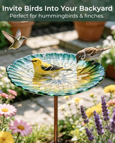 Glass Bird Bath Small Birdbath for Garden Decor, Yellow | 10.6" Bowl, 26" Height 4-Prong Stable Stake Easy to Clean Outdoor Bath or Feeder for Hummingbirds & Small Birds, Handcrafted