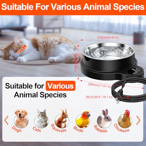 Heated Water Bowl for Dog Cat,Outdoor Heated Pet Bowl Food Bowl with 3 Temperature Settings & 12H Timer,50 oz Removable Stainless Steel Bowl,79" Anti-Chew Cord,for Dogs Cats Chickens Ducks Birds