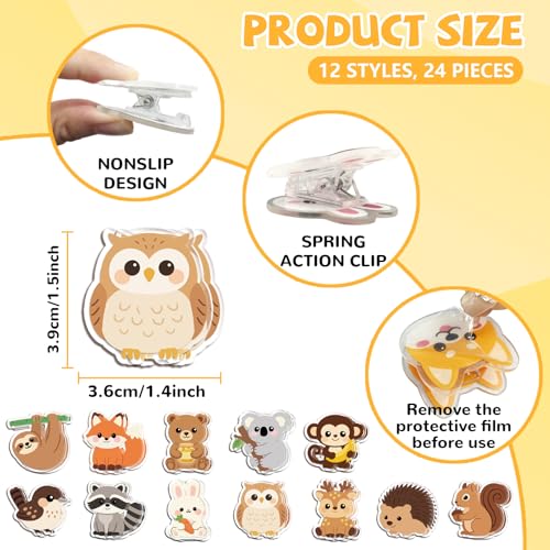 MAYJOYDIY 24Pcs 12 Styles Woodland Animal Acrylic Chip Clips Owl Hedgehog Deer Raccoon Fox Bag Sealer Sealing Closures Cute Koala Rabbit Monkey Squirrel Bag Clips for Food Storage Airtight Seal Grip - style: Animals