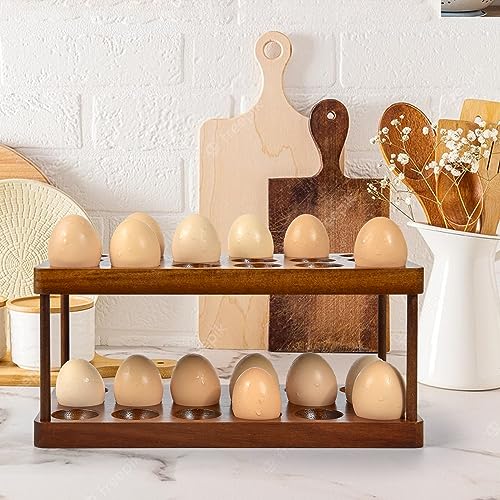 Sishynio 2 Tier Acacia Wood Egg Holder Countertop, 36 Egg Storage Rack | Double Layer Farmhouse Kitchen Egg Tray Organizer; Fresh Egg Storage Rack Basket for Countertop, Fridge, Cabinets and Pantry - style: 2 tier acacia wood egg tray