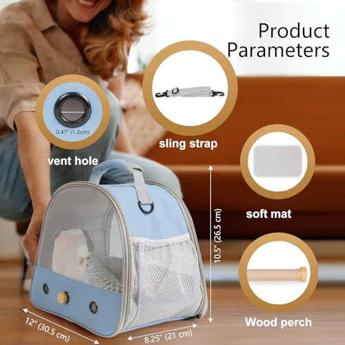 Bird Carrier, Portable Small Bird Parrot Parakeet Carrier with Standing Perch and Soft Mat, Side Access Window Collapsible - color: Blue