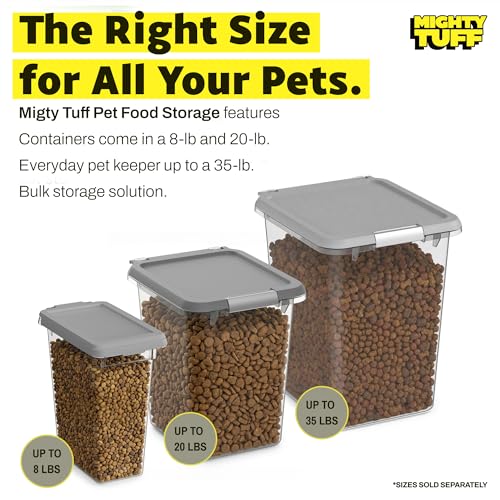 Mighty Tuff 20 lb Pet Food Storage Container with Airtight Lid, Clear | Secure lid clasp helps keep dog and cat food fresh while the clear container simplifies pantry organization.