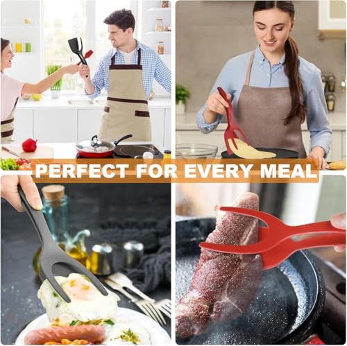 2-in-1 Egg Flipper Spatula Tongs Set - Non-Stick Silicone Grip and Flip Cooking Utensils for Omelets, Pancakes, Fish, and Burgers - 2 PCS Kitchen Cooking Tools (Black & Red)