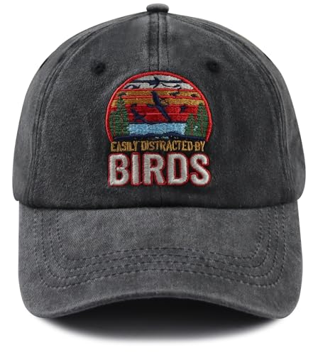 Easily Distracted by Birds Hats for Men Women, Adjustable Cotton Embroidered Birds Watchers Baseball Cap